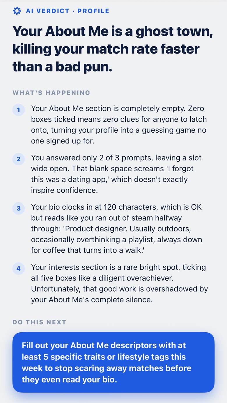 An AI verdict for a profile in the Roast voice, with four numbered findings and a next step.