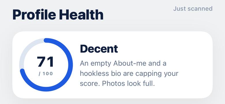 Profile Health score card: 71 out of 100, graded Decent, noting an empty about-me section and a bio without a hook.